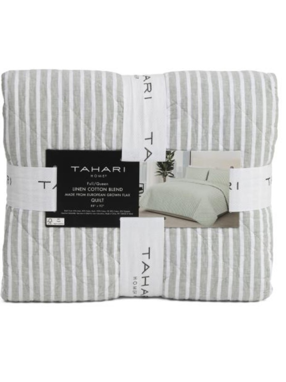 Tahari Sage and White Striped Linen-Cotton Quilt